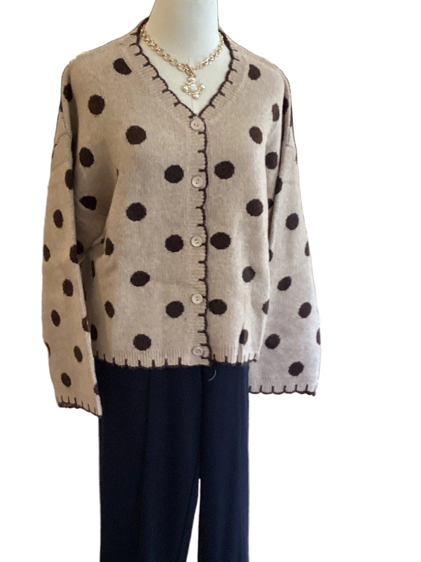Gigio mocha polka dot button down cardigan with blanket stitch detail