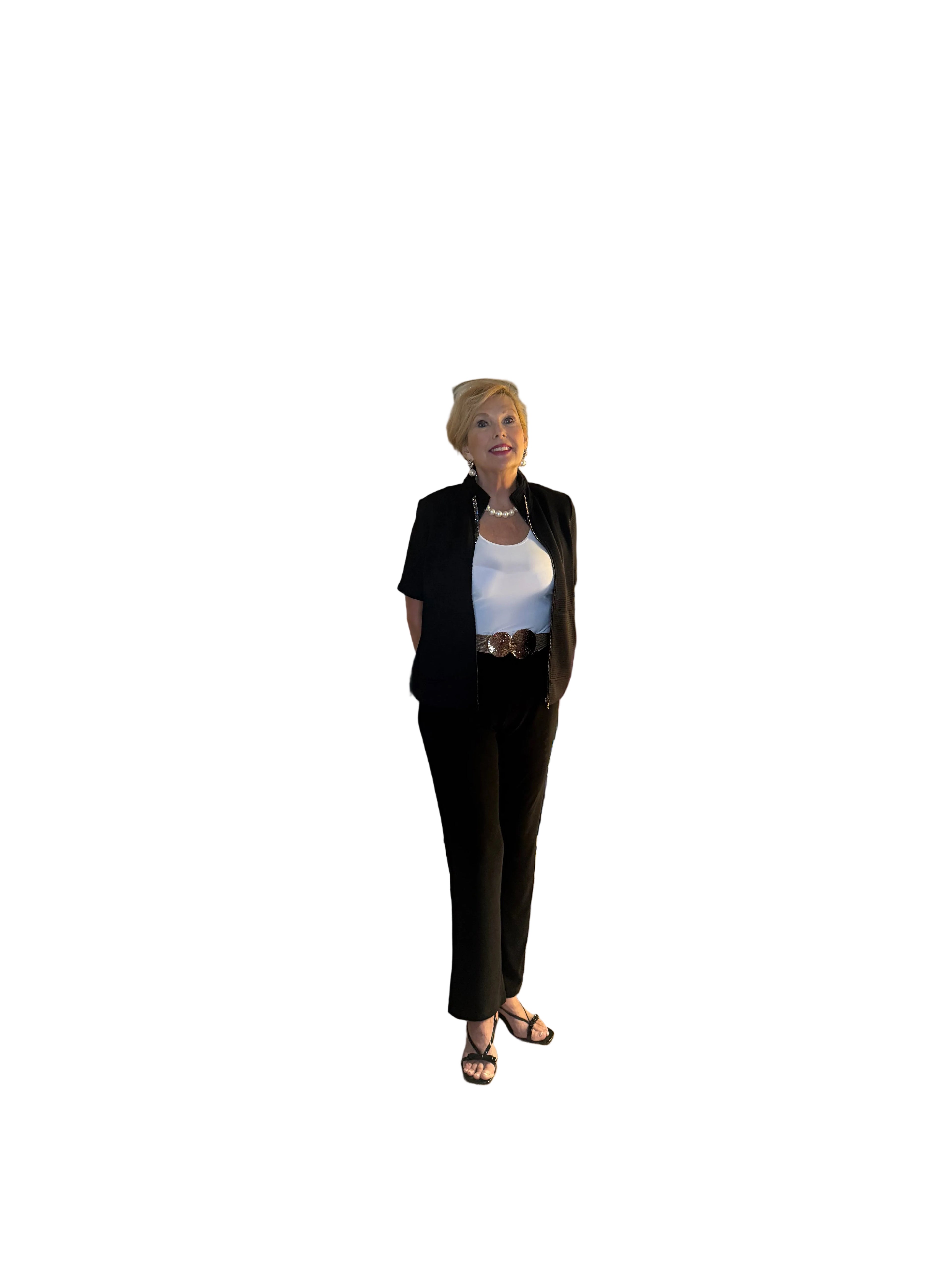 Picadilly black front zip short sleeve jacket with rhinestone collar pulls