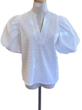 Glam White Textured Puff Sleeve V-Neck Blouse