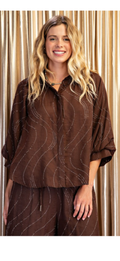 Gigio espresso, rhinestone button up top with balloon sleeve