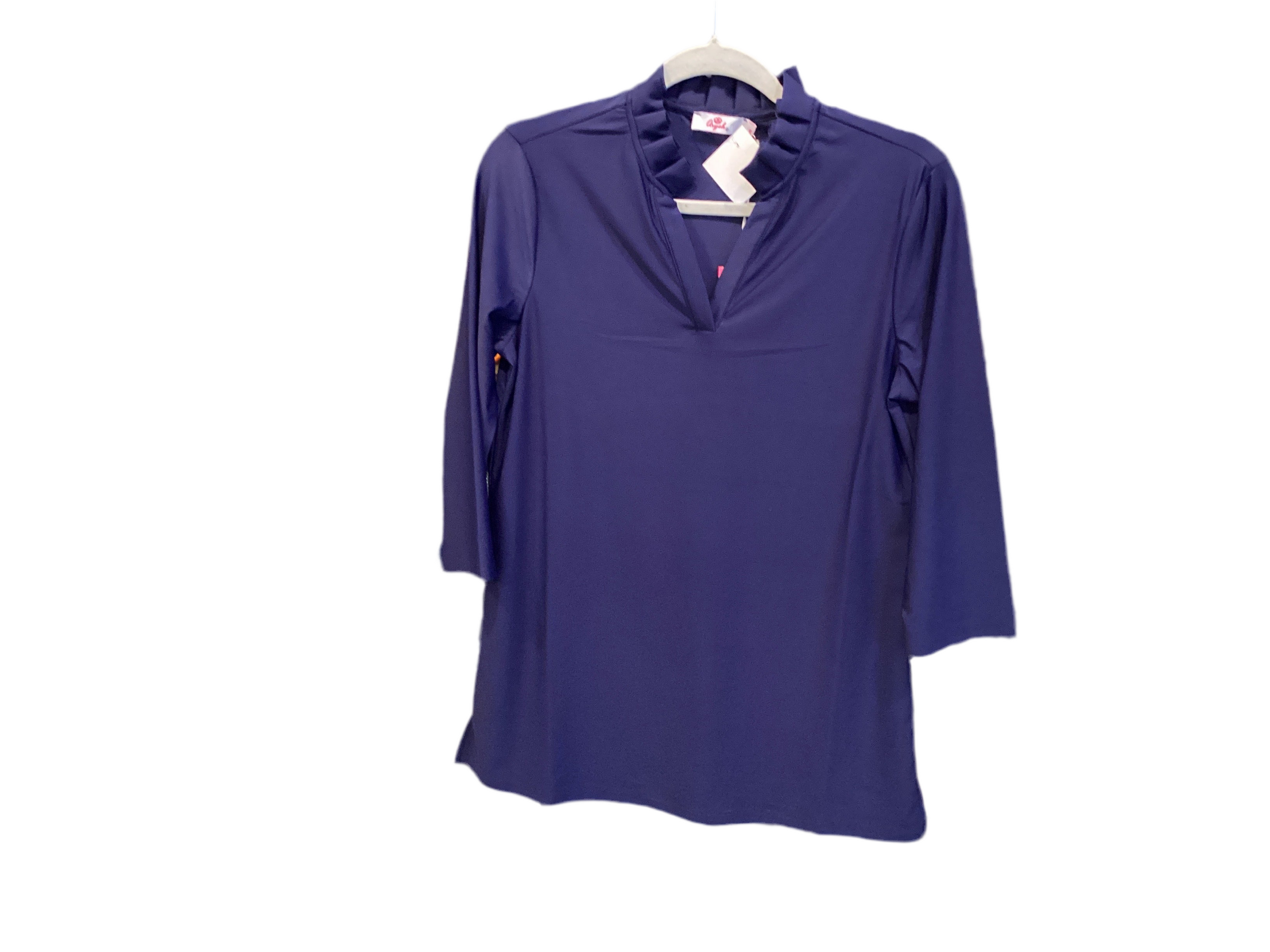 Aryeh navy 3/4 sleeve ruffle neck top