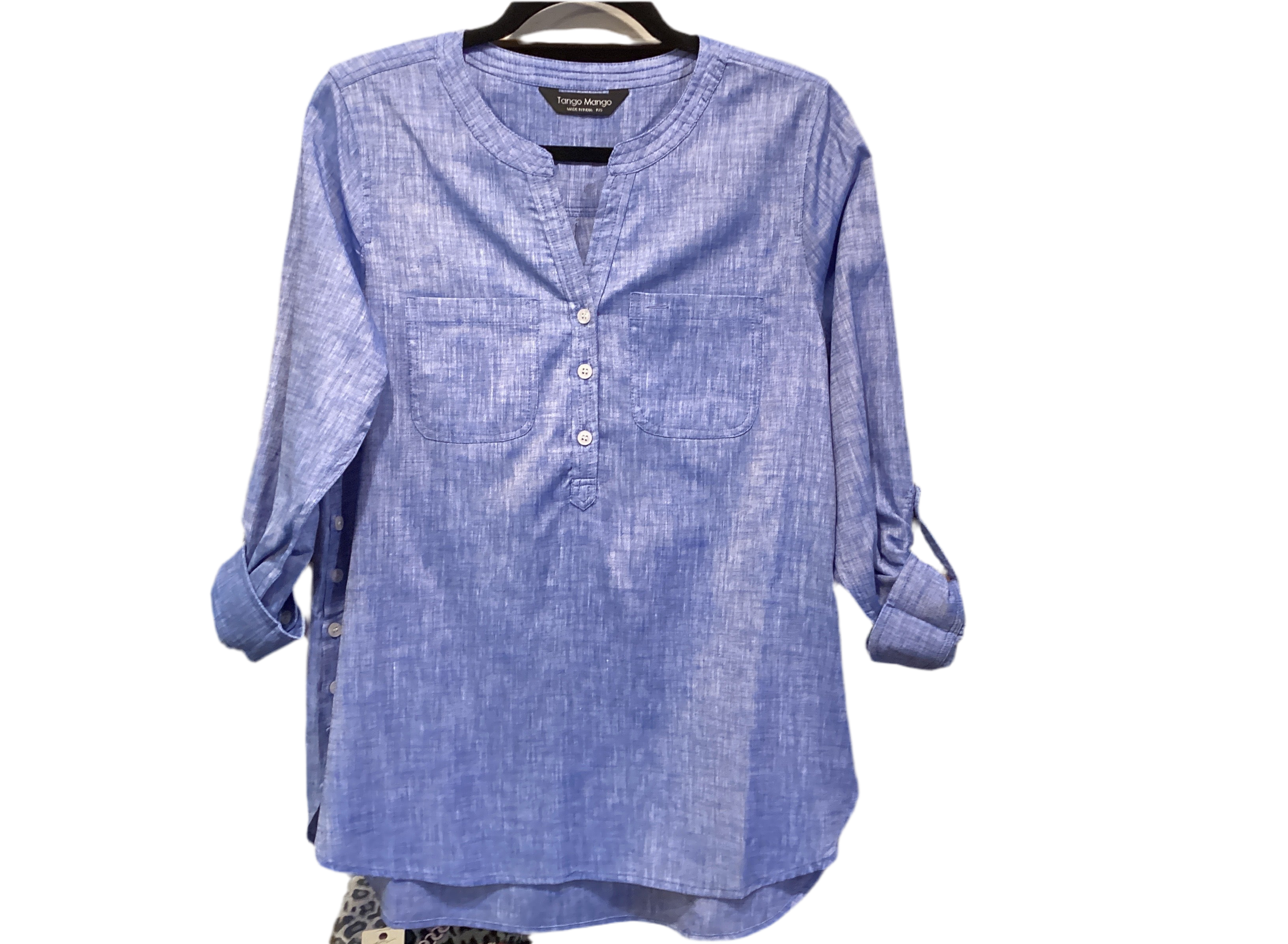 Tango mango denim color rolled sleeve button accent top