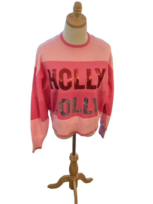Fantastic fawn “Holly Jolly” pink sequin Christmas sweater