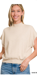 Zenana Sand Beige Short Sleeve Mock Neck Knit Top