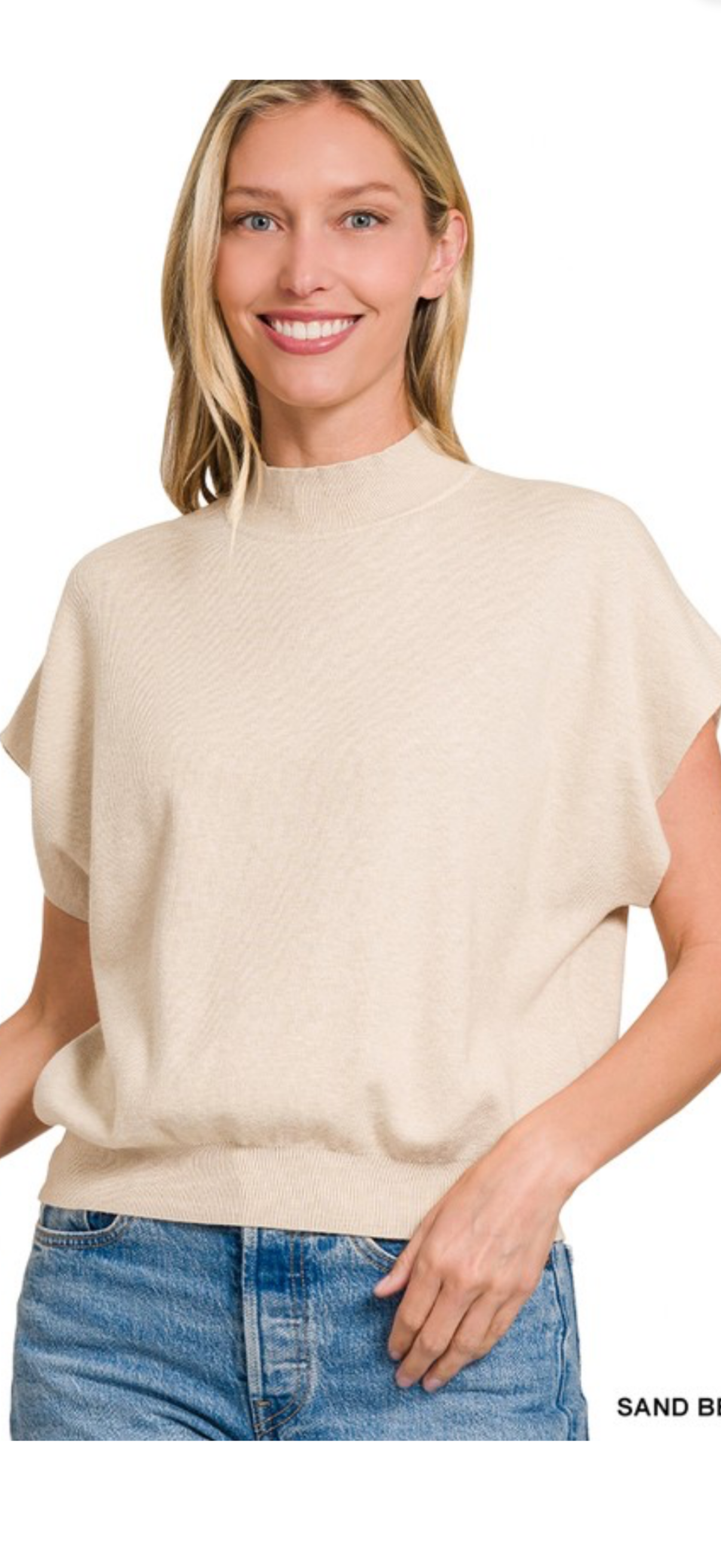 Zenana Sand Beige Short Sleeve Mock Neck Knit Top