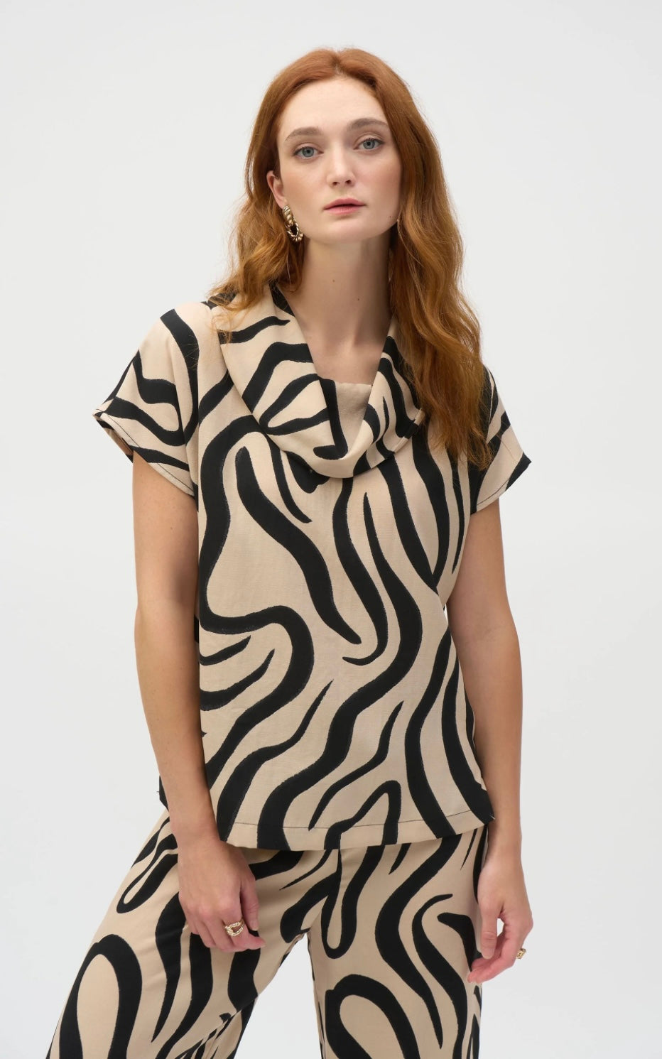 Joseph Ribkoff Beige/Black Abstract Print Cowl Neck Top