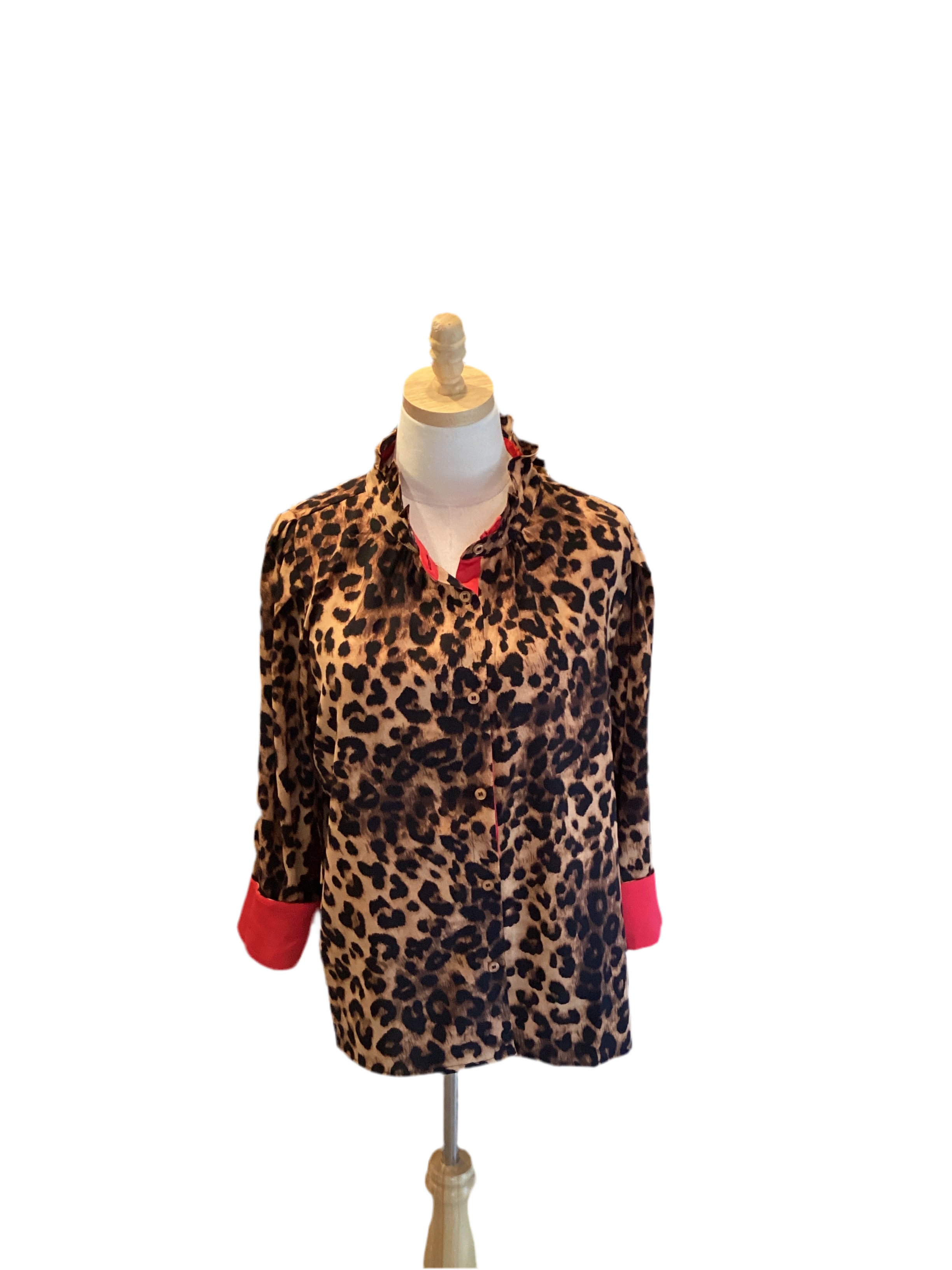 Jodifl leopard with red accent button down ruffle collar long sleeve top