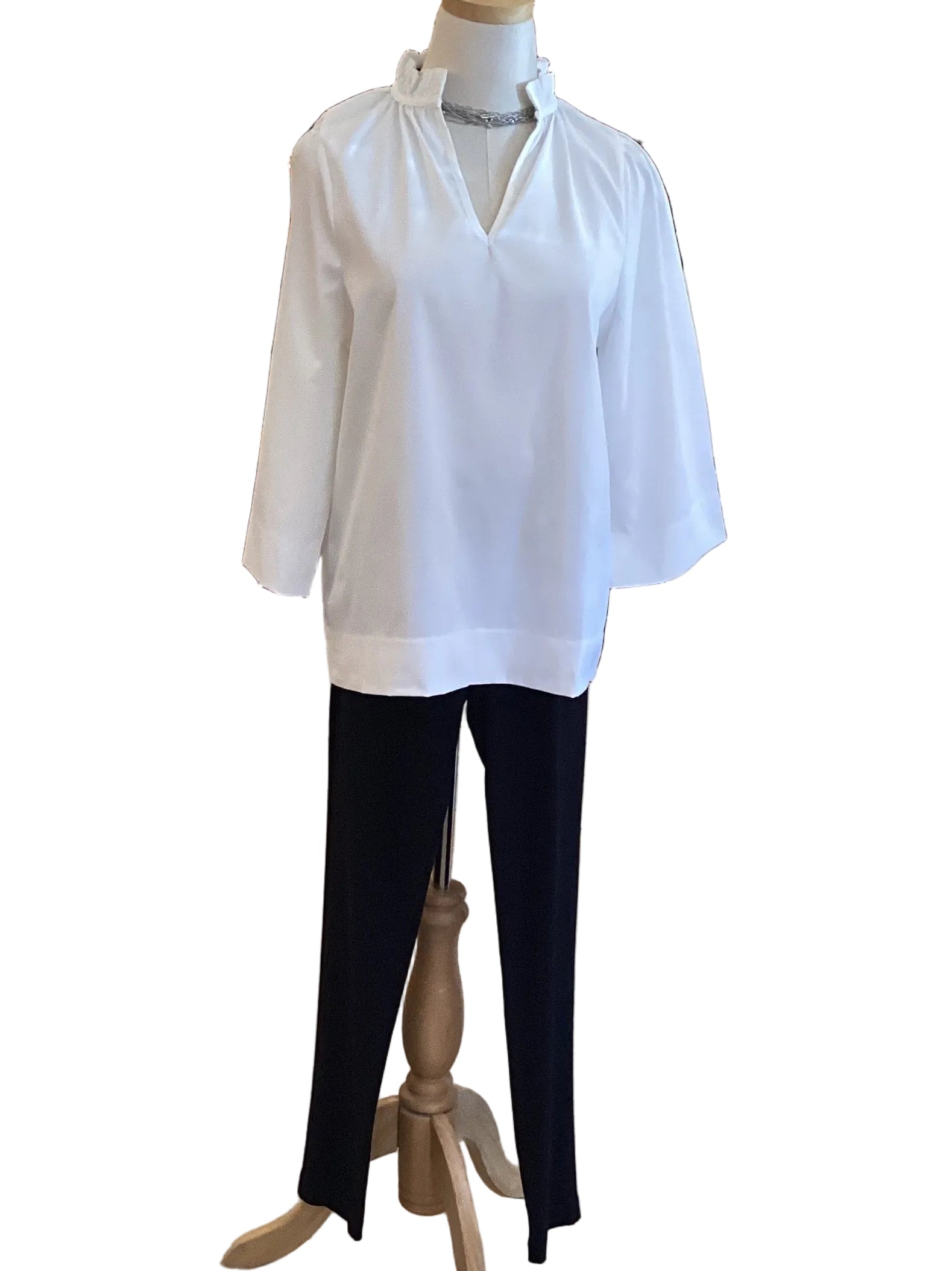 Gigio White Ruffle Neck Blouse with 3/4 Length Wide Sleeves