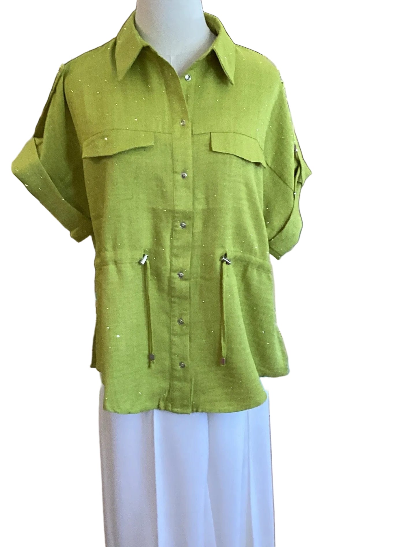 Spin chartreuse short sleeve top with cinched waist