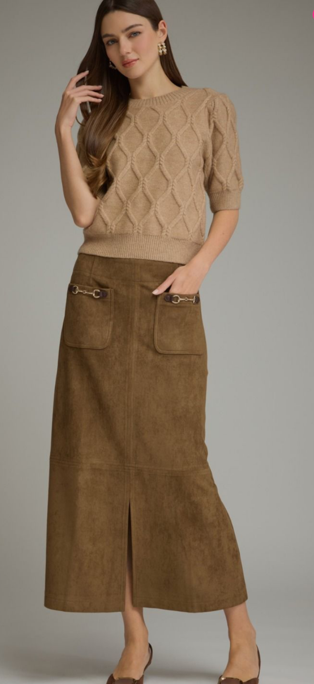 Entro brown suede like maxi skirt with front slit and front pockets with buckle accent