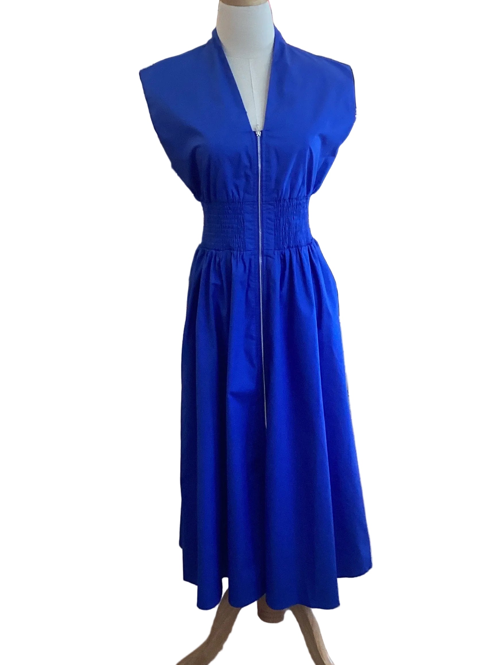 She & Sky royal blue drop shoulder, smocked waist midi dress
