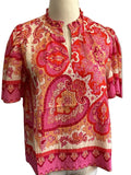 Jodifl pink and coral top with bell sleeve and ruffle v neck