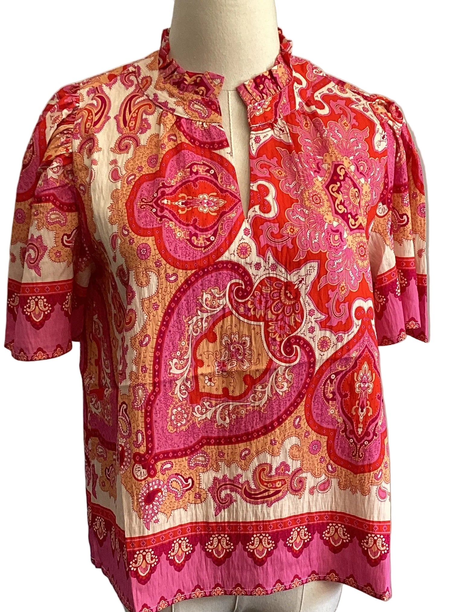 Jodifl pink and coral top with bell sleeve and ruffle v neck