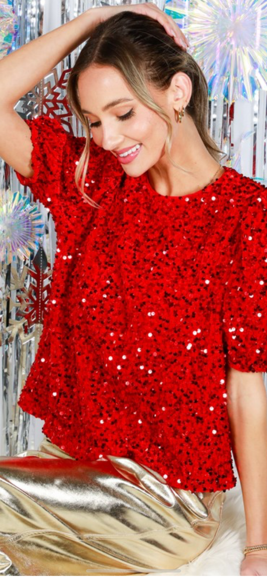 Red Sequin short sleeve top