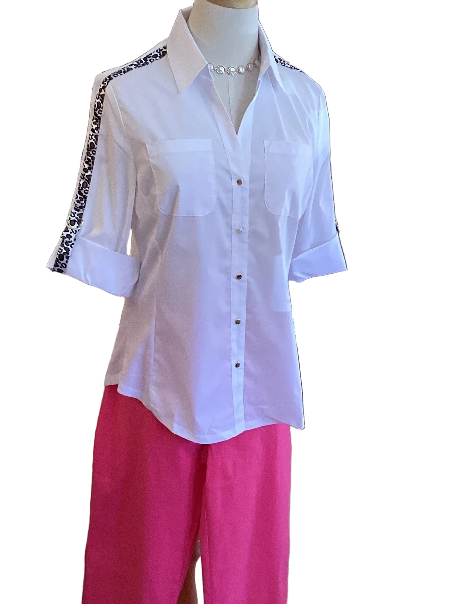 Zac & Rachel White Button Front Blouse with Leopard Trim