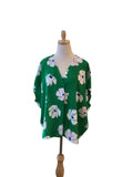 First love green flowered v neck cap sleeve front pleat tunic
