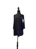 Joseph Ribkoff black V-neck cold shoulder top with white detail
