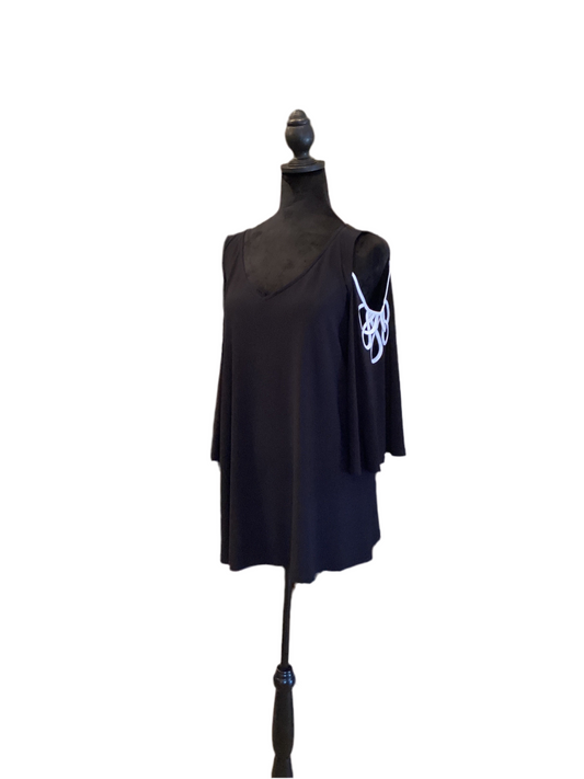 Joseph Ribkoff black V-neck cold shoulder top with white detail