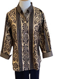 Gretchen Scott gold / black print button down 3/4 cuffed sleeve blouse