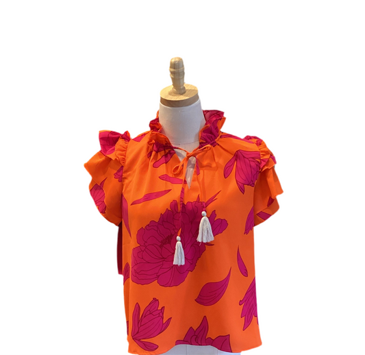 Peach Love orange white ruffle sleeve top