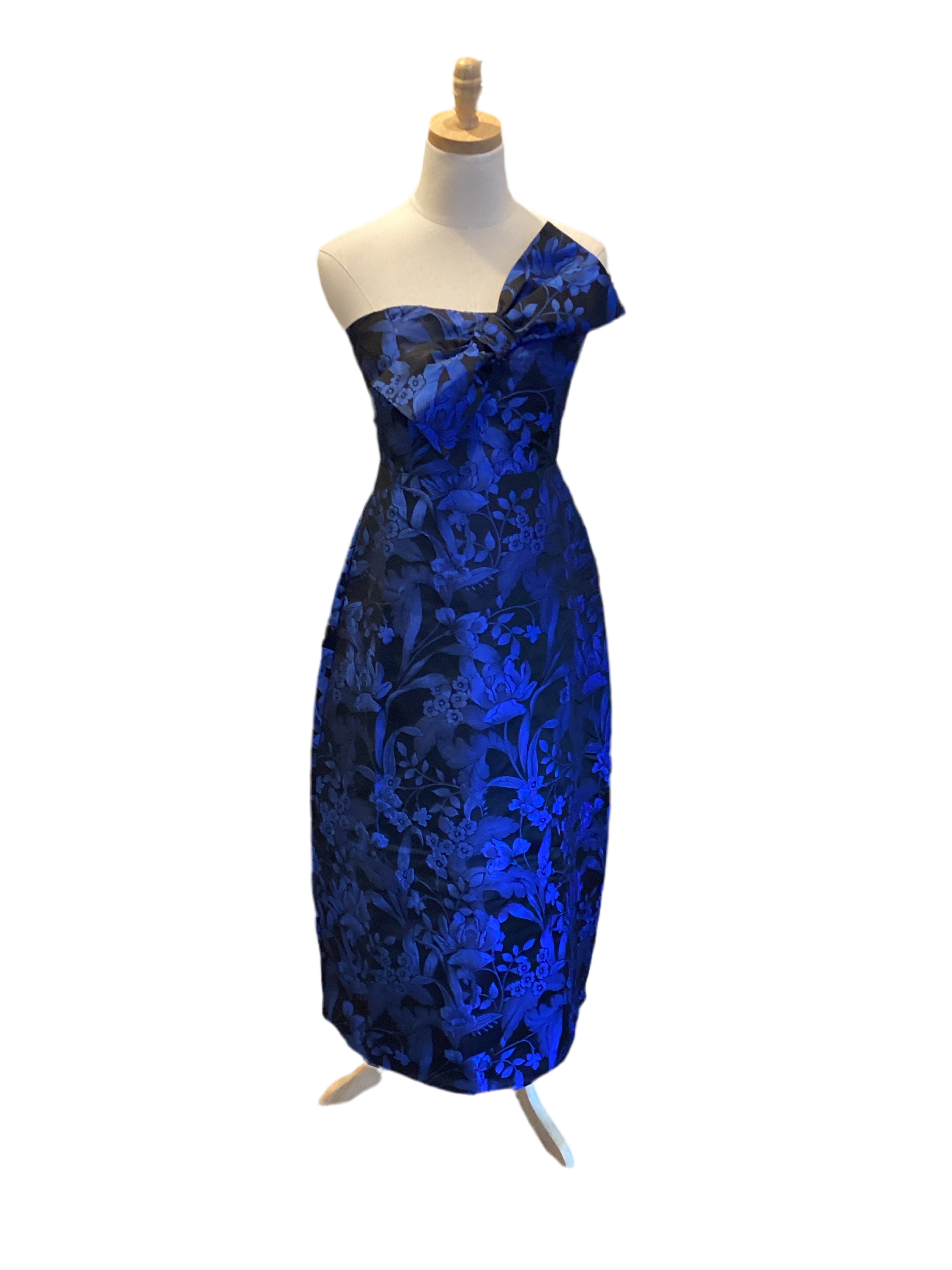 Black / Blue flower print strapless dress with front bow