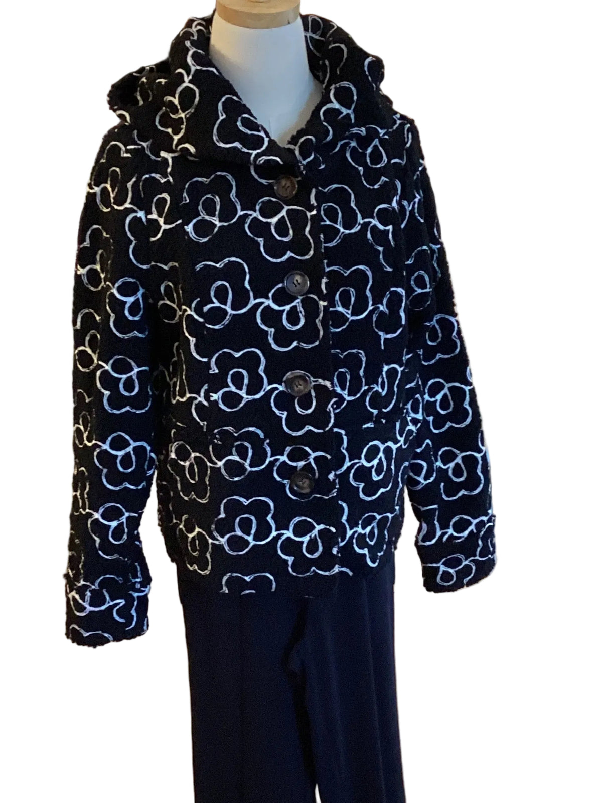 Picadilly black, ivory fuzzy short hooded jacket