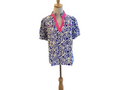 Jodifl royal blue print puff sleeve top with pink v neck trim