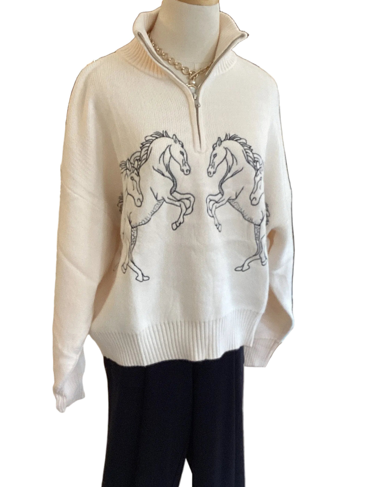 Gigio ivory horse embroidered half zip sweater