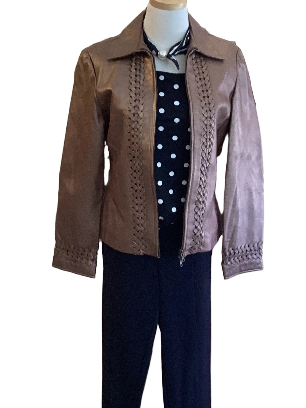 LTX bronze metallic faux leather jacket with front and cuff woven accent