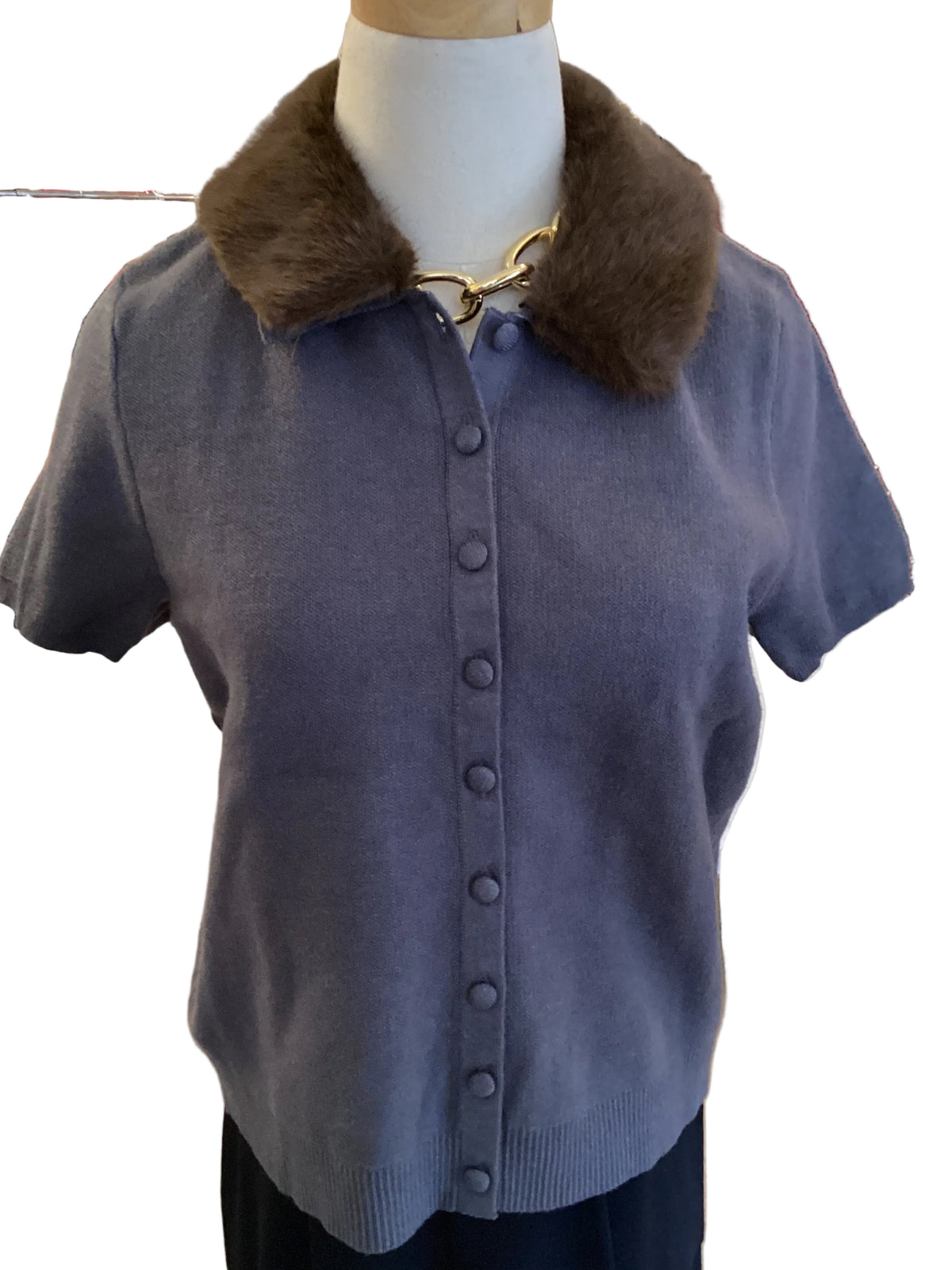 Sabine charcoal button up top with detachable fur collar