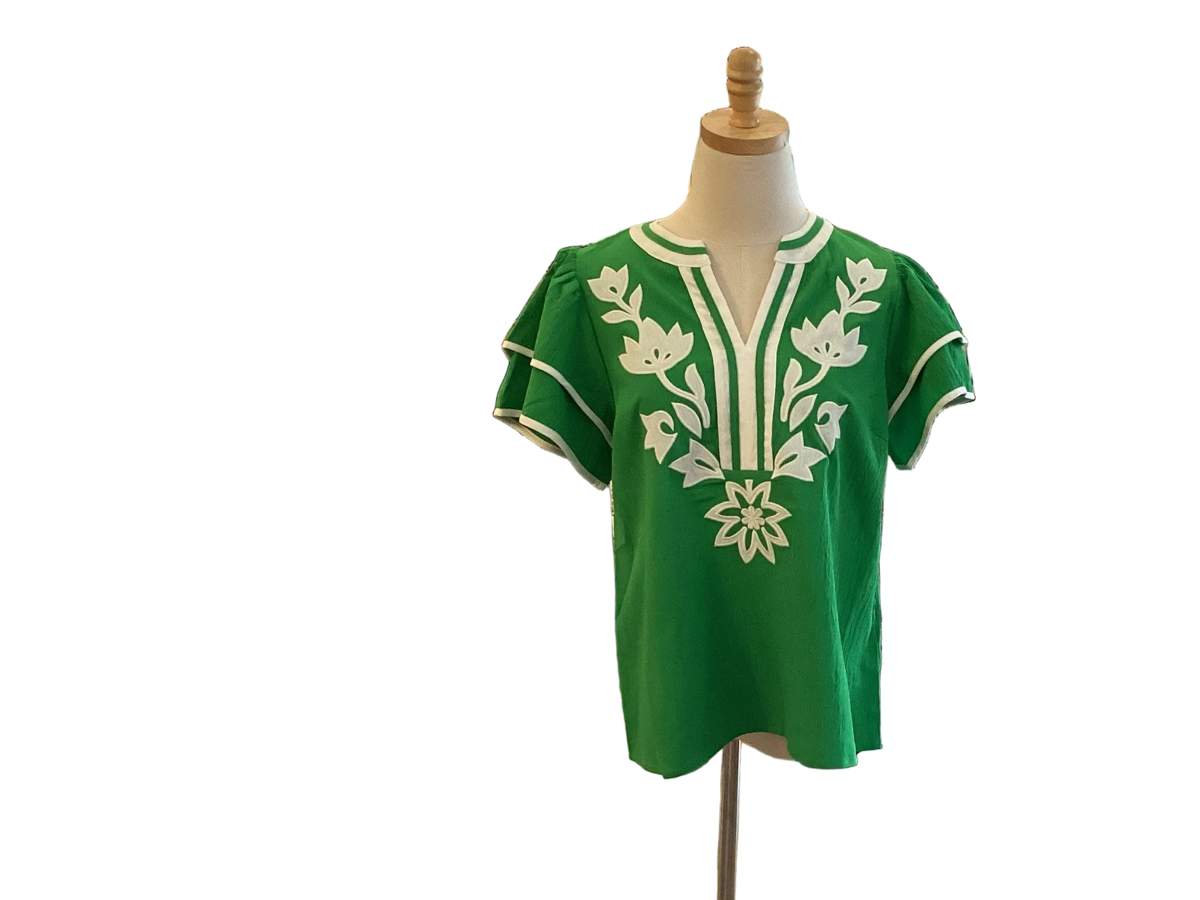 Jodifl Kelly green double ruffle sleeve top with white applique and trim