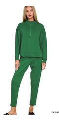 Zenana Dark Green 3/4 zip sweater set with cuffed pants