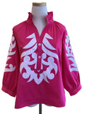 Jodifl hot pink and white 3/4 pearl button top with appliqué