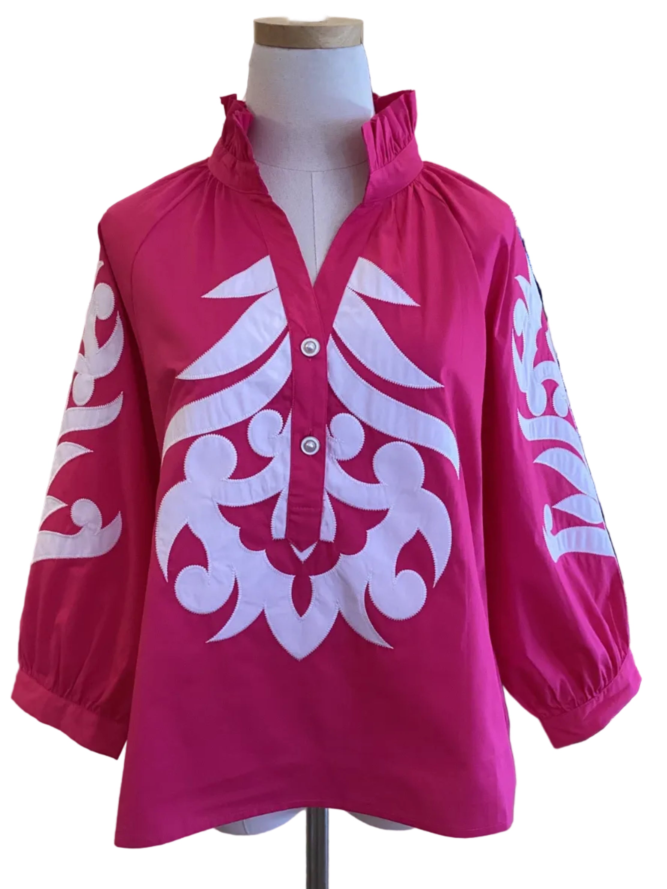 Jodifl hot pink and white 3/4 pearl button top with appliqué