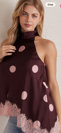 Entro Chocolate High Neck Sleeveless Top with Pink Polka Dots