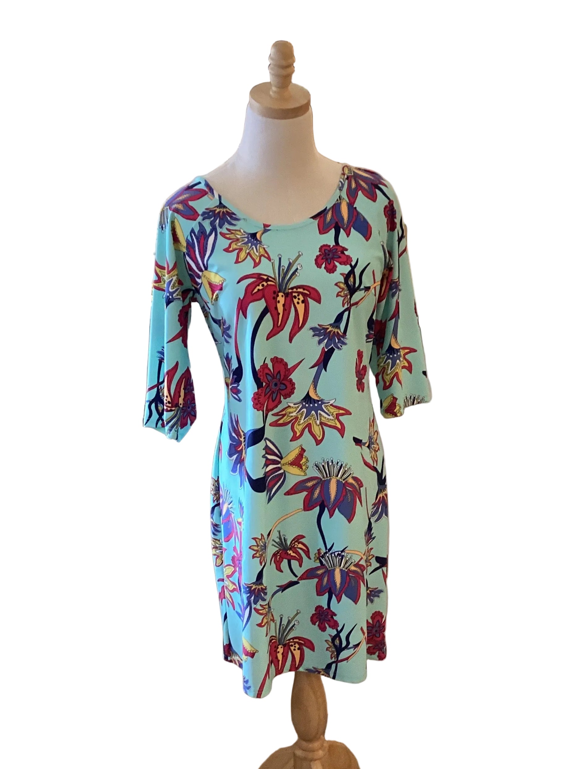 Aryeh aqua flowered 3/4 sleeve dress