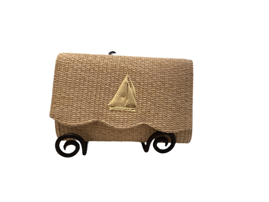 Straw clutch with shoulder strap and gold sailboat accent
