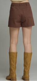 Entro brown denim shorts w/front and back pockets, front pocket buckle accent