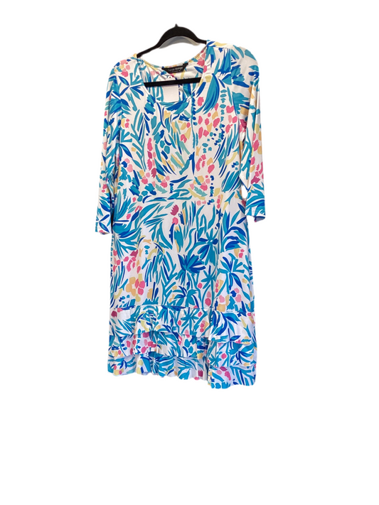 Tango mango teal,blue print 3/4 sleeve ruffle bottom dress