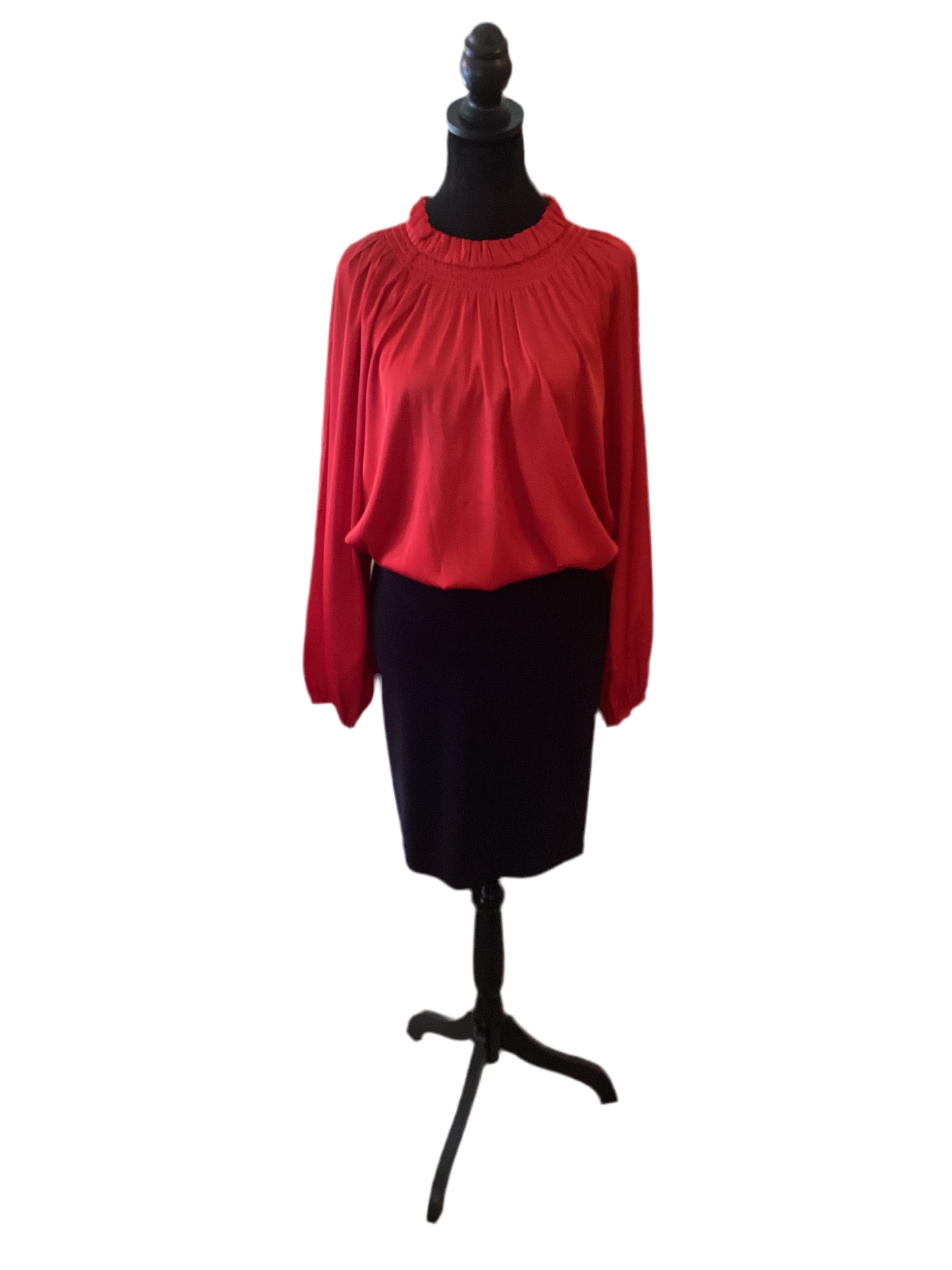 Jodifl red satin ruffle neck long sleeve top