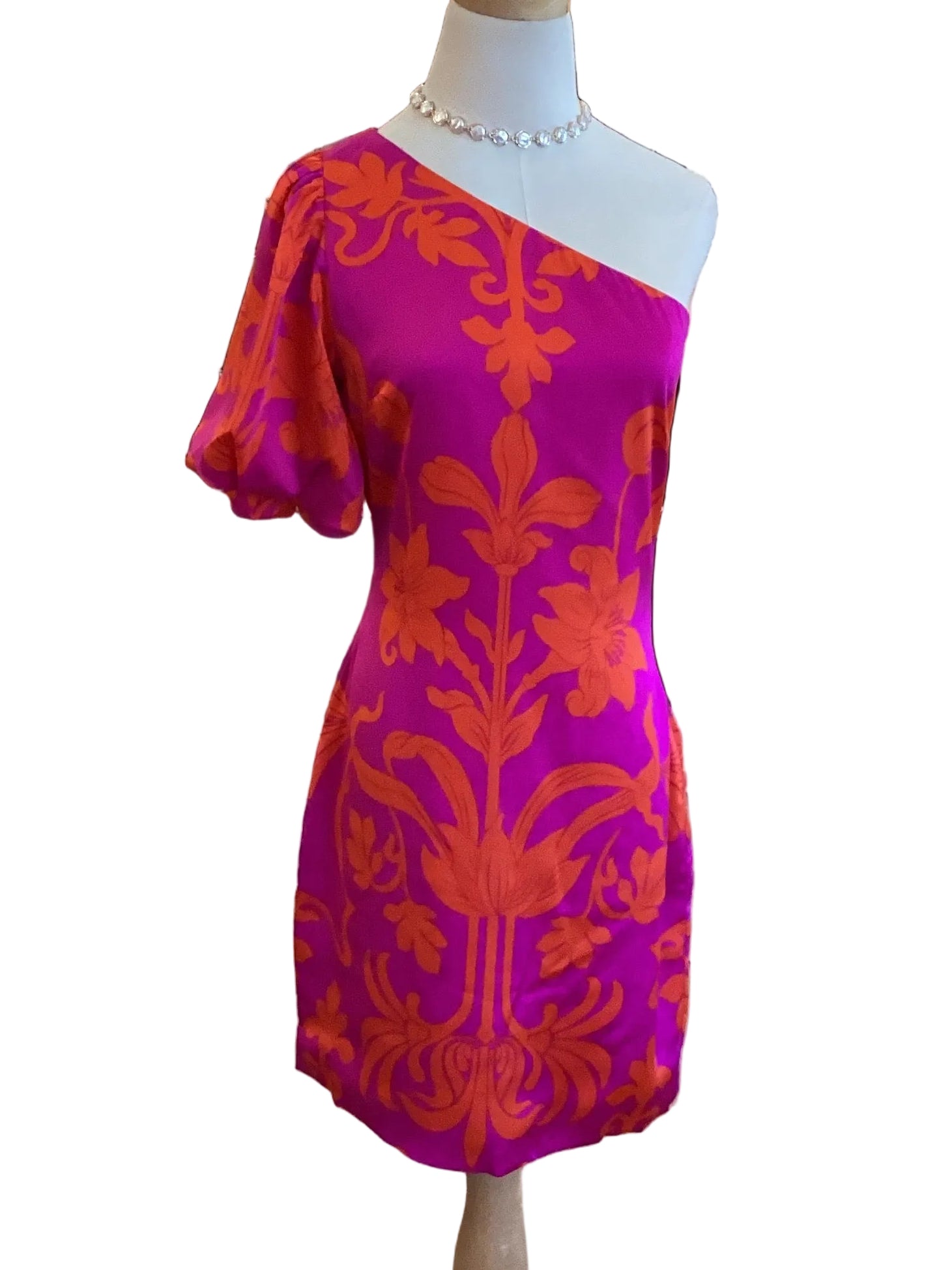 Sugar Lips magenta, multi floral, one shoulder, mini dress