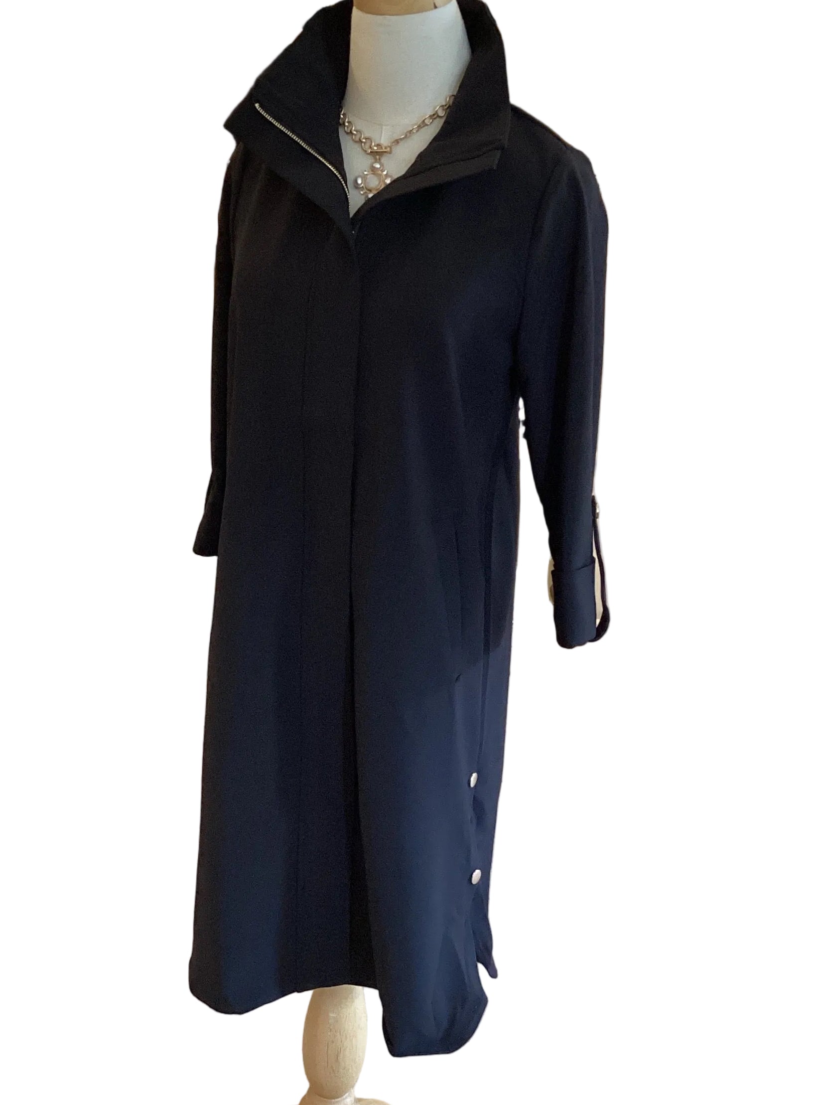 Lior black hidden placket zip dress with roll tab sleeves, side pockets