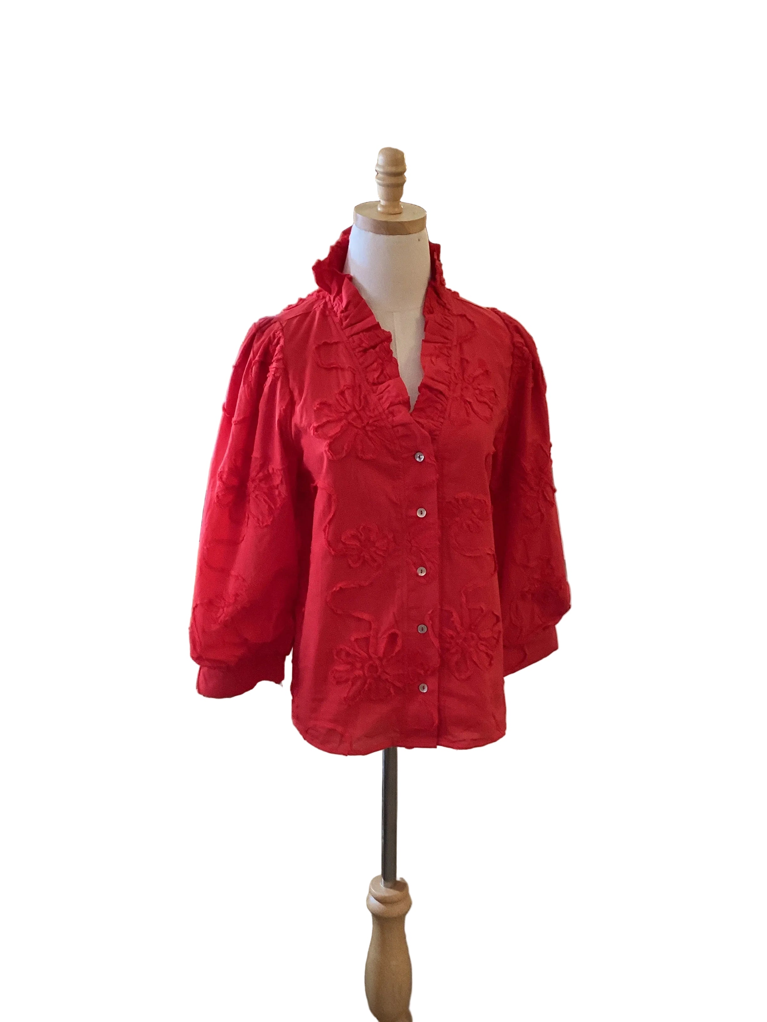 Jodifl red cotton button down top with flower appliqué, ruffle neck, 3/4 sleeve