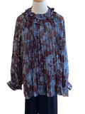 Gigio blue gray pleated top with ruffled neck and lantern sleeves