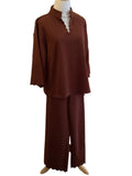 Jodifl brown long sleeve ruffle neck scalloped vneck top and scalloped sleeve
