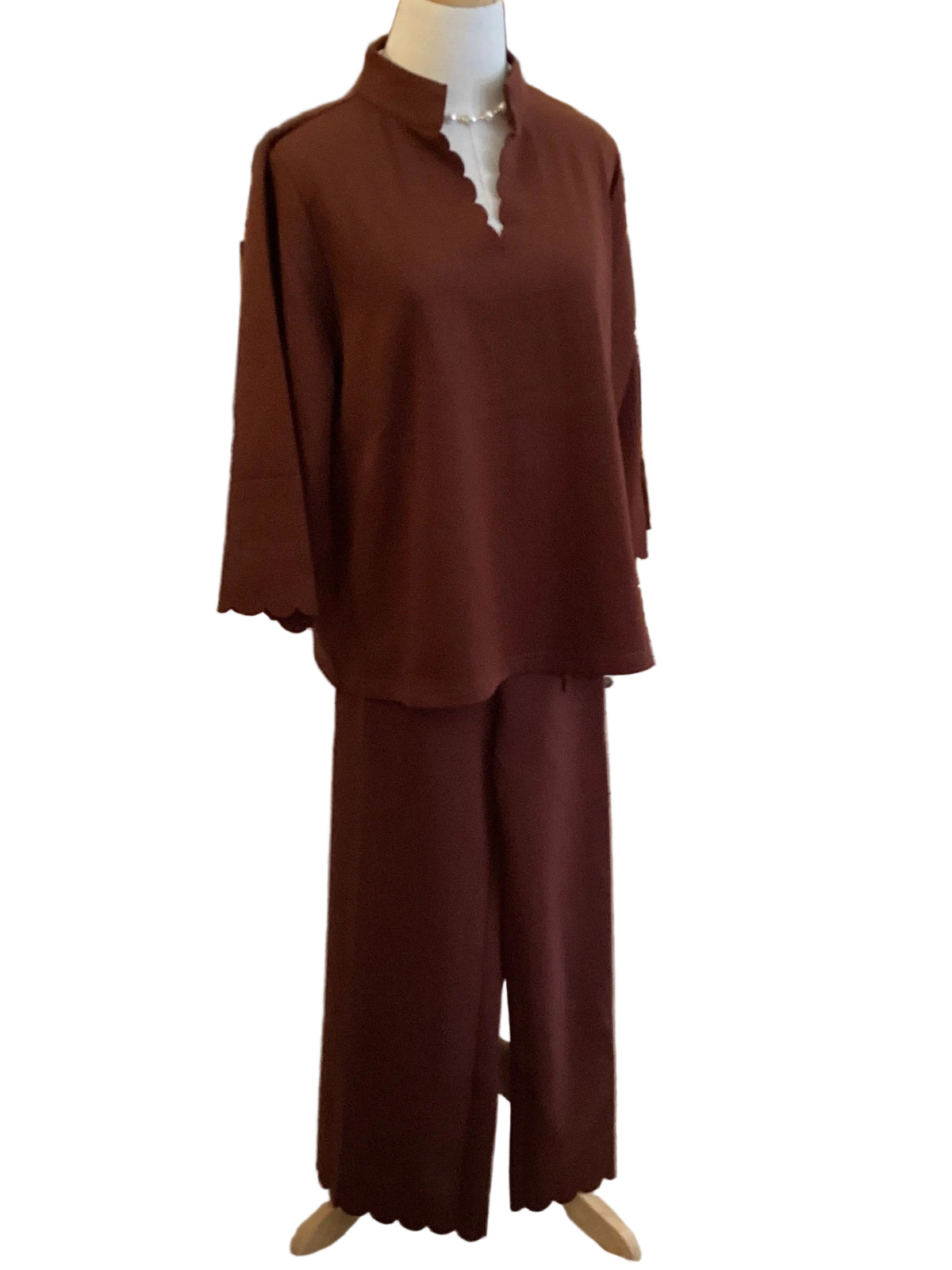Jodifl brown long sleeve ruffle neck scalloped vneck top and scalloped sleeve