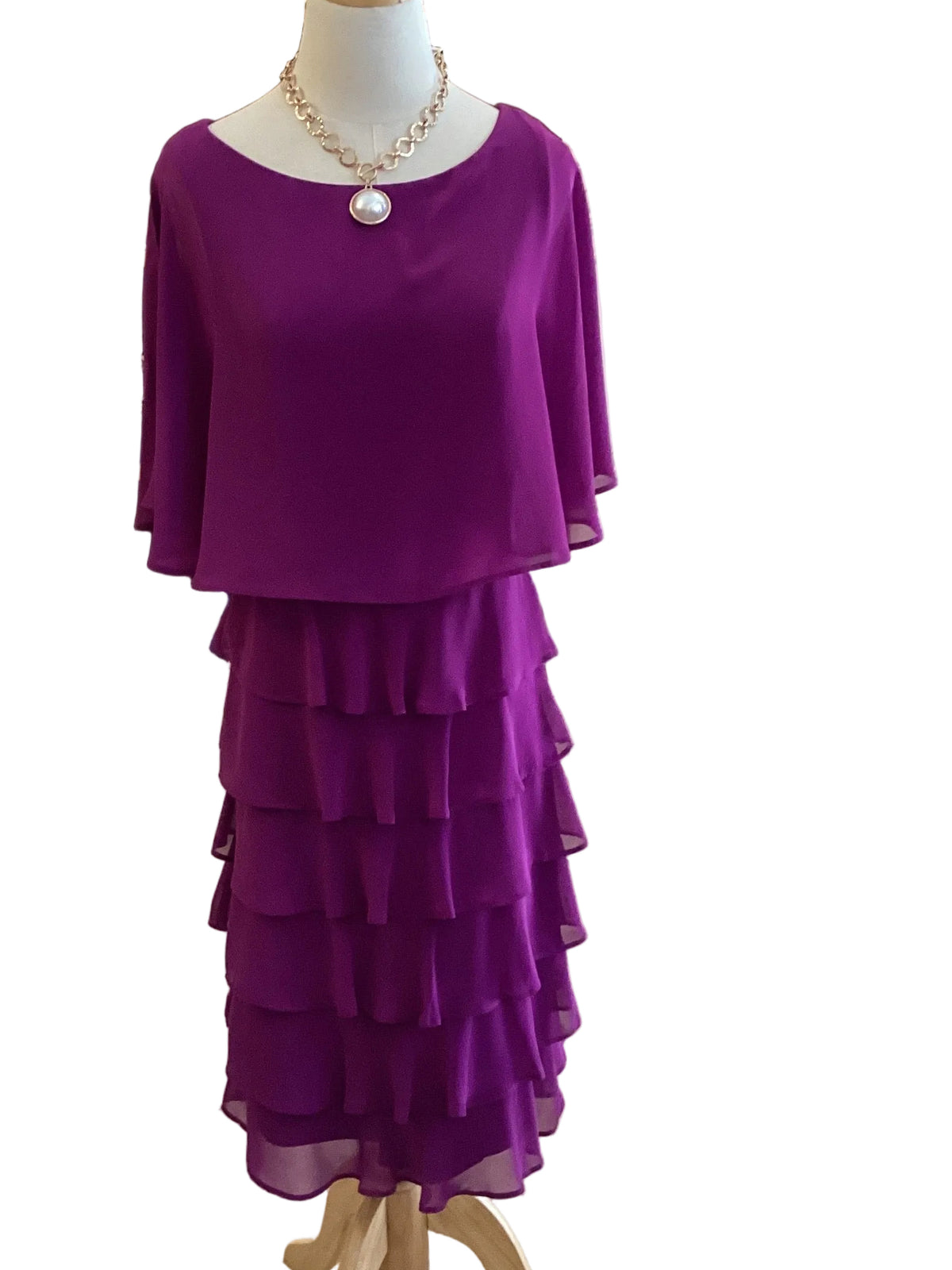Frank Lyman grape ruffled dress with cape sleeves