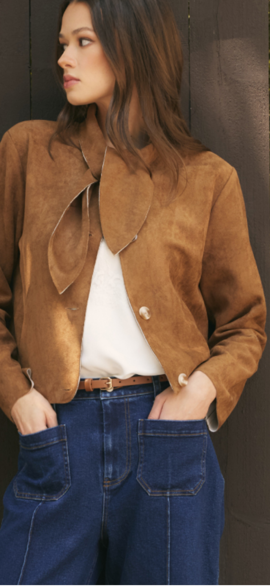 Entro brown button up suede jacket with neck tie and pockets