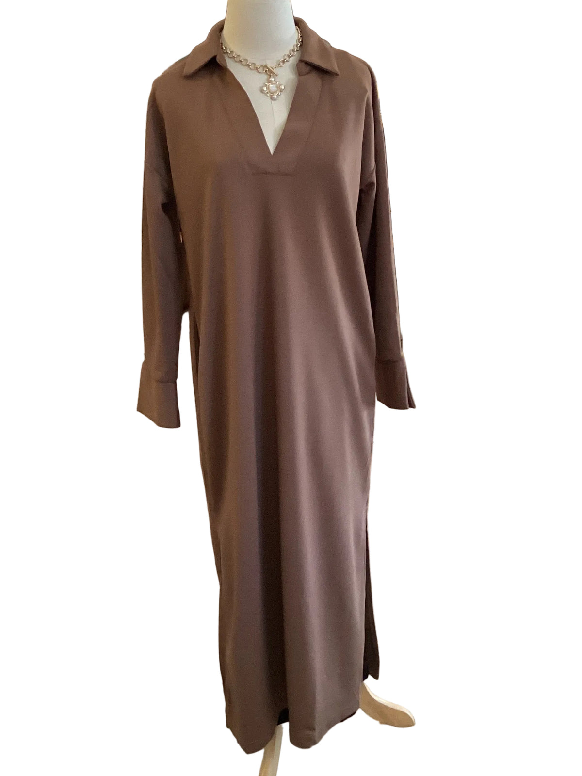 Entro mocha v neck collar, long cuffed sleeve maxi