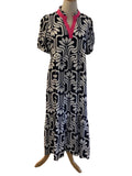 Jodifl navy & white print maxi with pink trim v neck and short puff sleeve